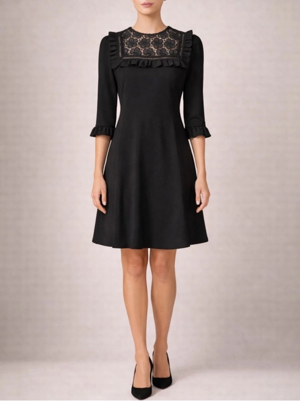 Kate Spade Black Lace Yoke Dress Ruffle Trim 3/4 Bell Sleeve Fit Flare - 8